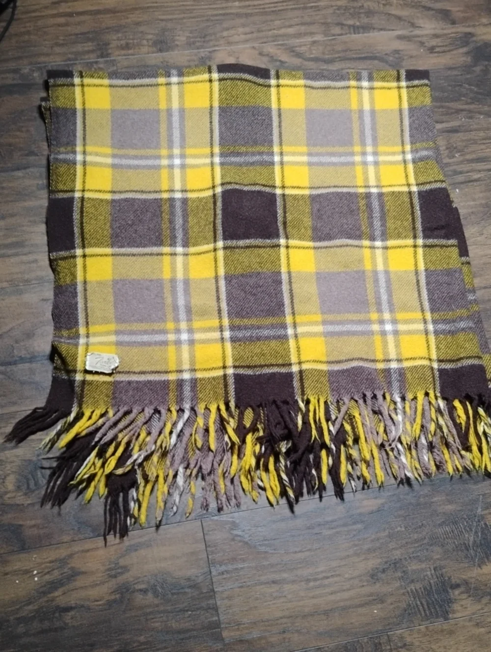Plaid Fringe Throw Blanket -wool Yellow and Brown